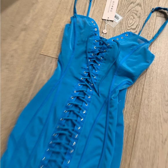 Oh Polly NWT Lace Up Corset Mini Dress Blue US 0 Mesh Turquoise Bodycon Bustier - Picture 4 of 8